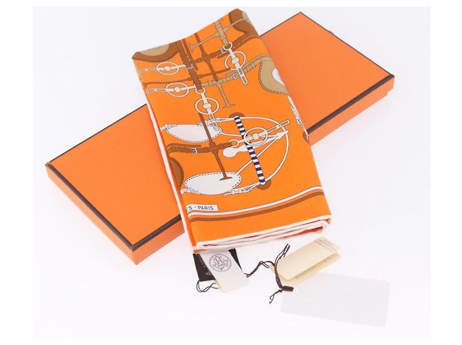 Hermès HERMES Carré 40 Seidentuch "BRIDES ET FRONTAUX" Orange White Auth am12333M Weiß - Ansicht 13