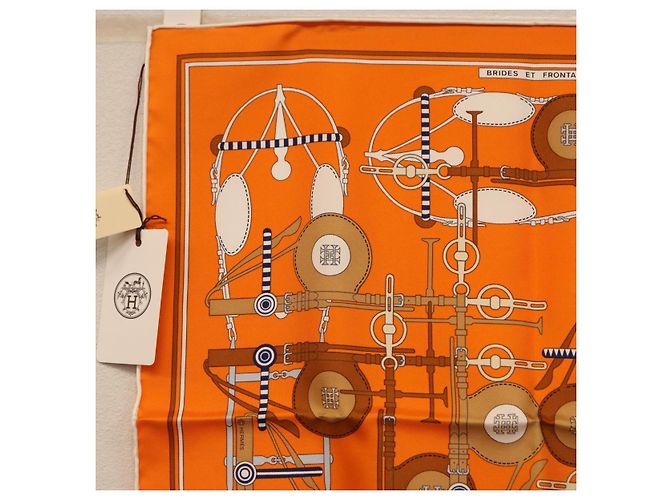 Hermès HERMES Carré 40 Seidentuch "BRIDES ET FRONTAUX" Orange White Auth am12333M Weiß - Ansicht 2