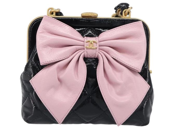 Borsa a tracolla CHANEL Chain Matelasse in pelle verniciata Nero Oro CC Auth 195256M D'oro - vista 13