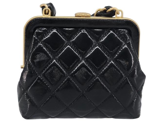 Borsa a tracolla CHANEL Chain Matelasse in pelle verniciata Nero Oro CC Auth 195256M D'oro - vista 2