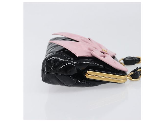 Borsa a tracolla CHANEL Chain Matelasse in pelle verniciata Nero Oro CC Auth 195256M D'oro - vista 3
