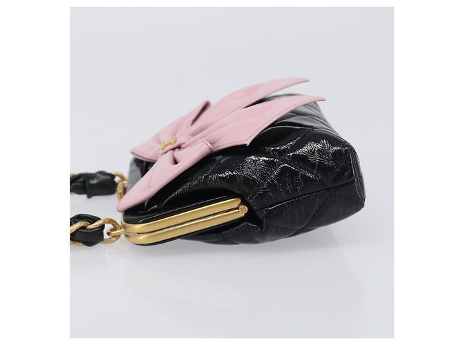 Borsa a tracolla CHANEL Chain Matelasse in pelle verniciata Nero Oro CC Auth 195256M D'oro - vista 4