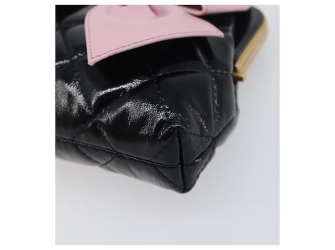 Borsa a tracolla CHANEL Chain Matelasse in pelle verniciata Nero Oro CC Auth 195256M D'oro - vista 8