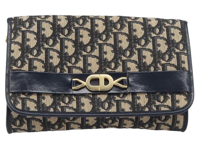 Bolso de hombro con cadena Christian Dior Trotter Canvas Navy Gold Auth 199115 Dorado Azul marino - vista 13