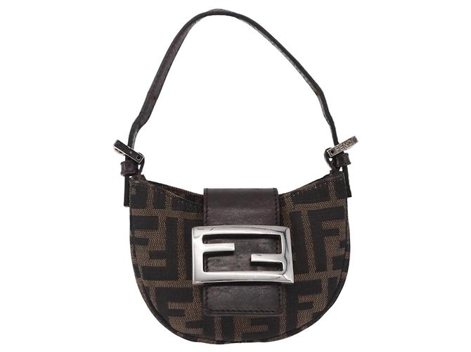 Borsa a Mano Mini Croissant FENDI Zucca Canvas Nero Marrone Argento Auth ka5829A - vista 13