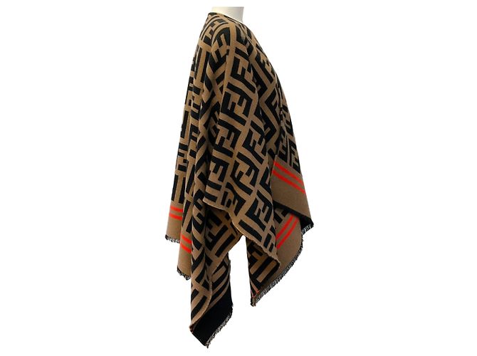 Fendi Black / Tan Zucca FF Monogram Wollponcho Kamel - Ansicht 2