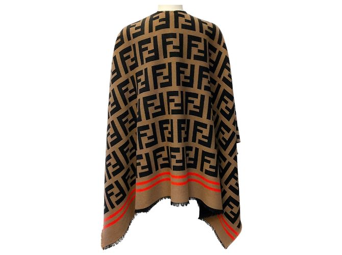 Fendi Black / Tan Zucca FF Monogram Wollponcho Kamel - Ansicht 3