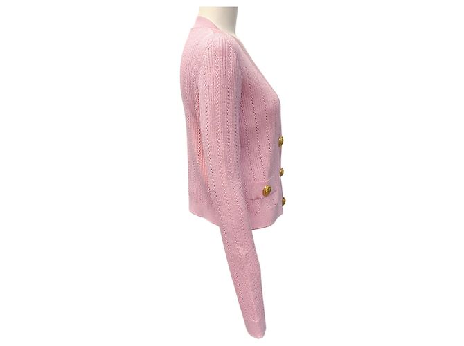 Balmain rosa gerippter Strick-Cardigan mit V-Ausschnitt und Goldknöpfen Pink - Ansicht 2