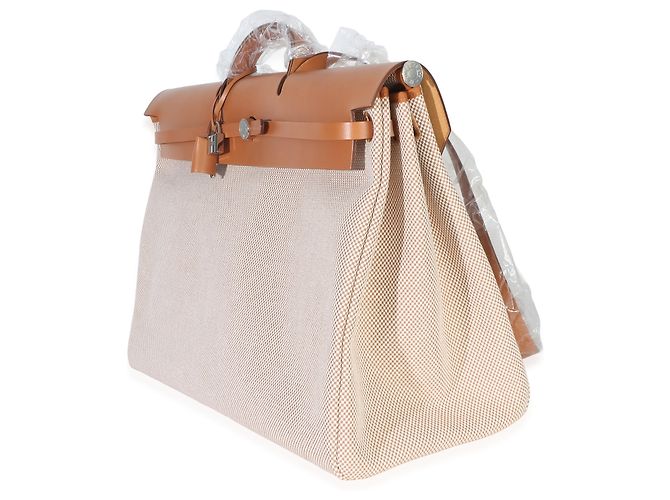 Borsa Herbag Zip Cabine 50 Hermès Ecru Beige Naturel Criss Viking Hunter Sable Marrone - vista 3