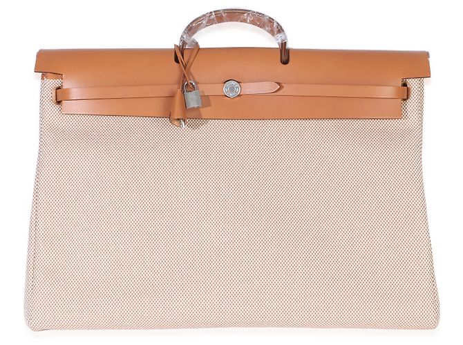 Borsa Herbag Zip Cabine 50 Hermès Ecru Beige Naturel Criss Viking Hunter Sable Marrone - vista 8