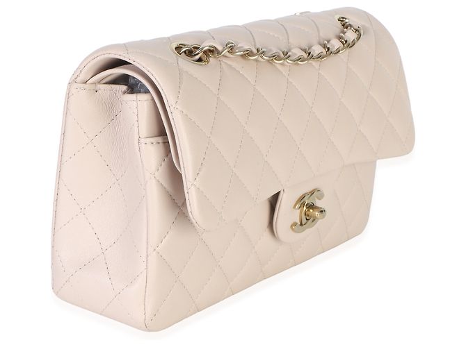 Gabrielle Chanel Small Classic Double Flap Bag aus gestepptem Lammleder in Hellrosa Pink Beige - Ansicht 4