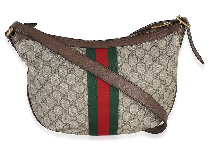Gucci Brown Beige GG Supreme Canvas Dollar Calfskin Web Small Ophidia Half Moon Marrone - vista 2