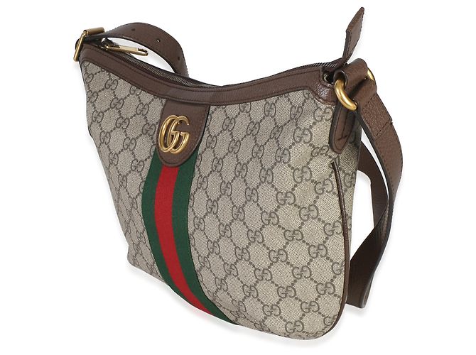 Gucci Brown Beige GG Supreme Canvas Dollar Calfskin Web Small Ophidia Half Moon Marrone - vista 3