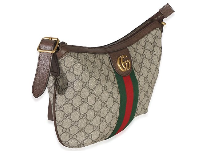 Gucci Brown Beige GG Supreme Canvas Dollar Calfskin Web Small Ophidia Half Moon Marrone - vista 4