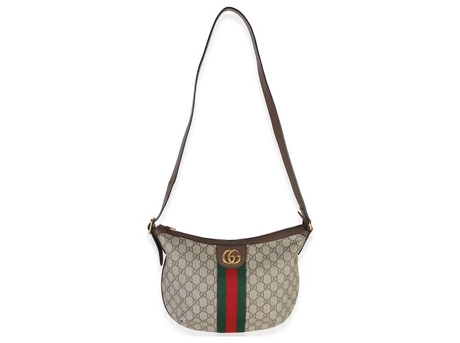 Gucci Brown Beige GG Supreme Canvas Dollar Calfskin Web Small Ophidia Half Moon Marrone - vista 5