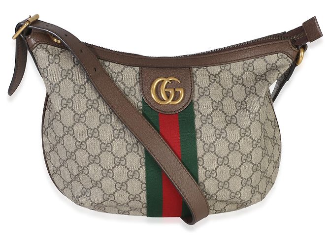 Gucci Brown Beige GG Supreme Canvas Dollar Calfskin Web Small Ophidia Half Moon Marrone - vista 8