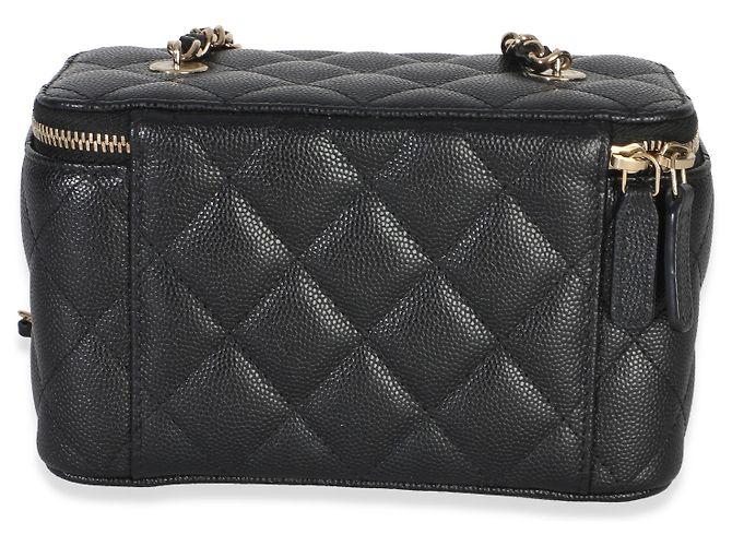 Pequena mala de maquilhagem Chanel em couro caviar matelassé preto com corrente - vista 2