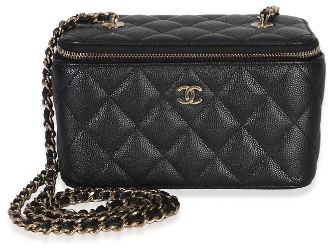 Pequena mala de maquilhagem Chanel em couro caviar matelassé preto com corrente - vista 8