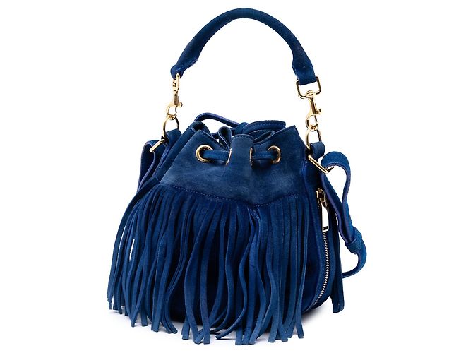 Borsa secchiello Saint Laurent Small Emmanuelle Fringe in camoscio blu - vista 2