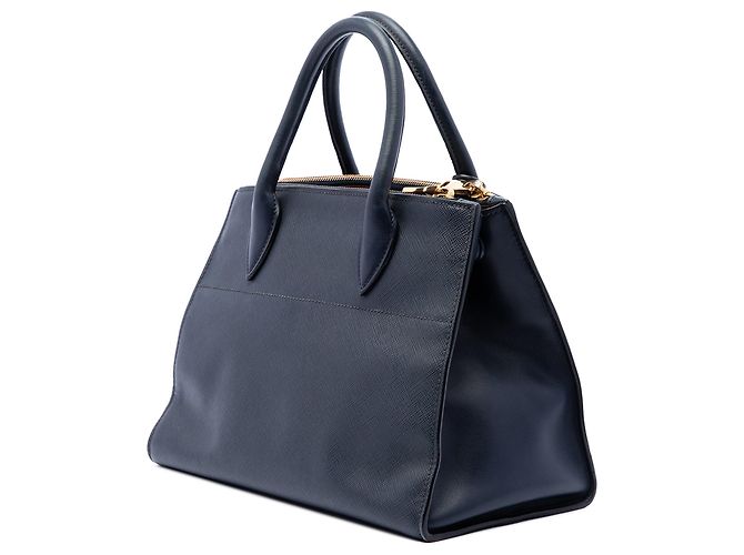 Borsa Satchel Prada City Calf Trimmed Saffiano Greche Paradigme Blu - vista 2