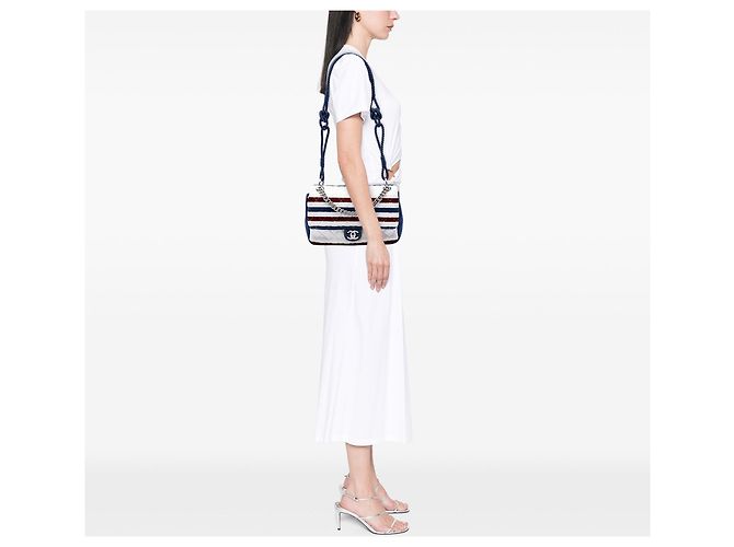 Borsa a patta Chanel Jumbo Stripe in jersey, feltro e corda, bianca Bianco - vista 6