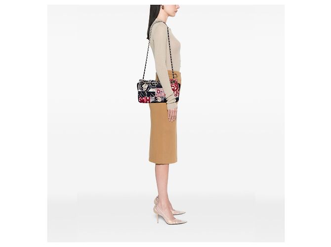 Borsa a tracolla Single Flap Chanel Jumbo in nylon stampato e patchwork di jersey nera Nero - vista 6