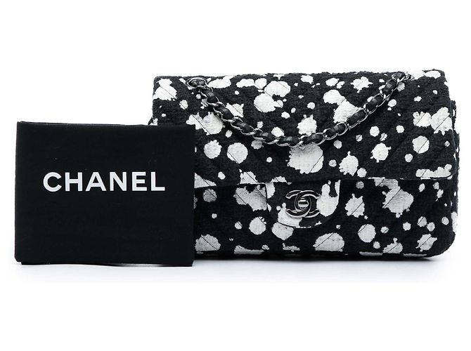 Borsa a tracolla Chanel Medium Chevron Tweed Paint Splatter Double Flap Nera Nero - vista 7