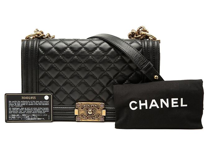 Chanel Boy Flap Crossbody Bag aus schwarzem gestepptem Lammleder, Größe Old Medium, mit Gripoix - Ansicht 8