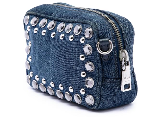 Borsa Camera Prada Mini in Denim Blu con Borchie Bijoux - vista 2