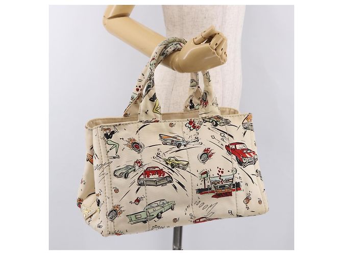 PRADA Canapa M Hand Bag Canvas Ivory Gold - vista 24
