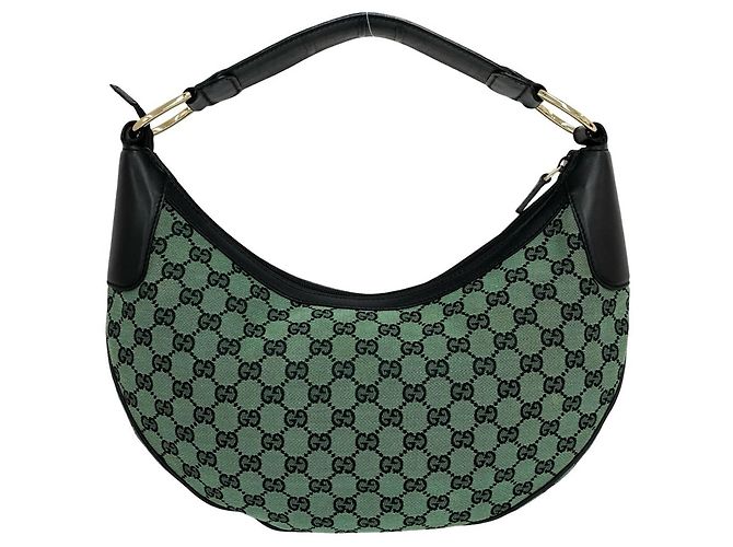 Bolso semi-hombro de cuero y lona con estampado GG Logo Gucci Negro Verde - vista 3