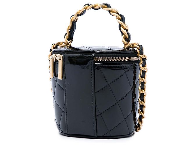 Chanel Afternoon Tea Vanity Case aus schwarzem gestepptem Lackleder mit Griff und Kette - Ansicht 2