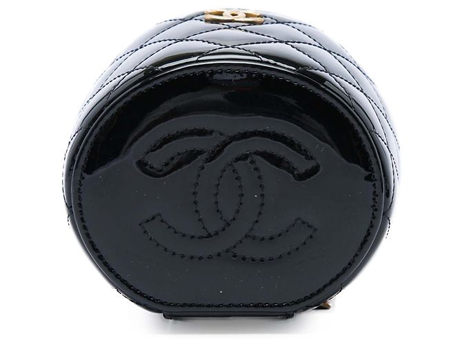 Chanel Afternoon Tea Vanity Case aus schwarzem gestepptem Lackleder mit Griff und Kette - Ansicht 3