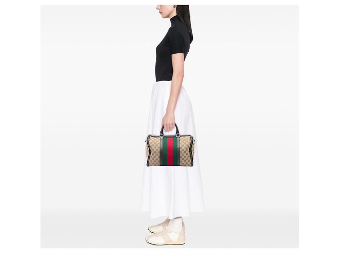 Borsa Boston Gucci Joy media in tela GG beige con banda Web - vista 5