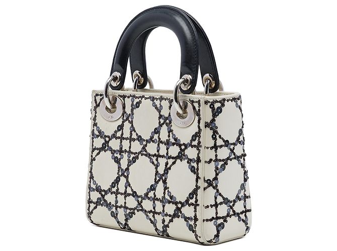 Dior Mini Lady Dior in vitello Cannage bianco con paillettes - vista 2