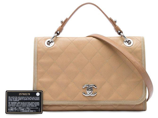 Chanel Beige CC Bicolor Quilted Caviar and Grosgrain Top Handle Flap - vista 7