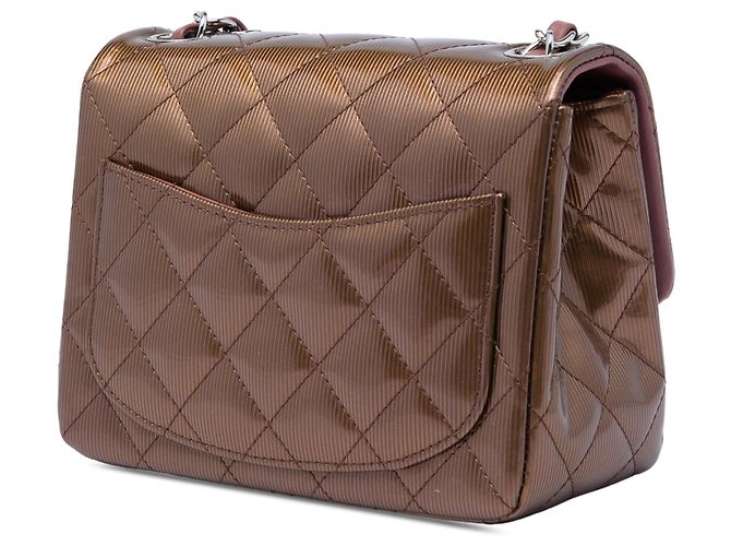 Chanel Brown Mini Square Classic Metallic Striped Patent Single Flap Marrone Bronzo - vista 2