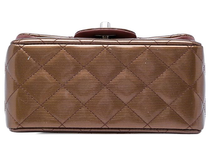 Chanel Brown Mini Square Classic Metallic Striped Patent Single Flap Marrone Bronzo - vista 3