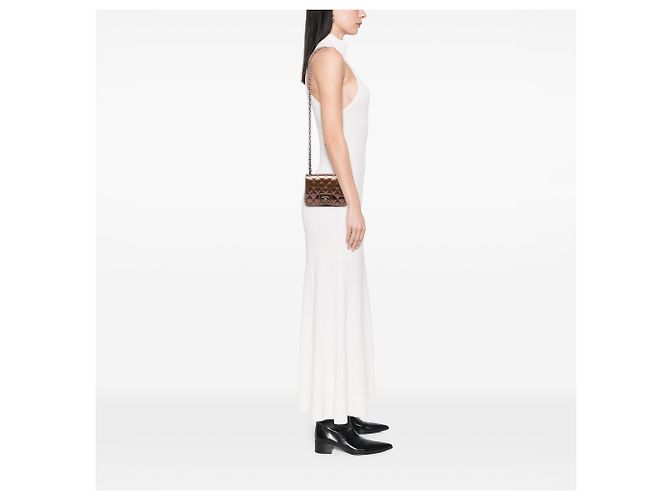 Chanel Brown Mini Square Classic Metallic Striped Patent Single Flap Marrone Bronzo - vista 5