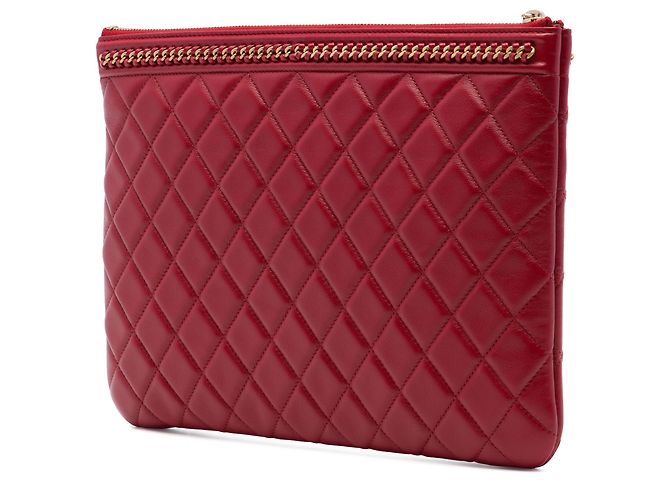 Chanel Boy O Case Clutch aus gestepptem Lammleder in Rot, Medium mit Kette Bordeaux - Ansicht 2