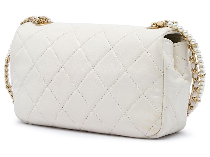 Chanel Mini Quilted Calfskin Crystal Pearls Chain Flap Bianco - vista 2