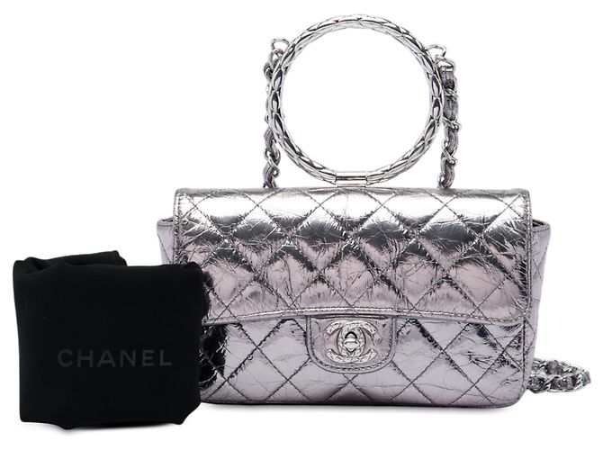 Chanel Silver Mini Quilted Metallic Crumpled Calfskin Ring Top Handle Flap Argento - vista 6
