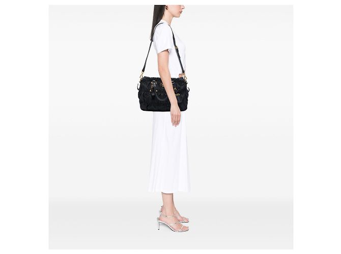 Borsa Satchel Prada in Tessuto Gaufre Nera Nero - vista 6
