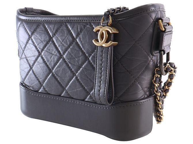 Chanel Gabrielle Hobo Small aus gestepptem grauem Kalbsleder Braun Anthrazitgrau - Ansicht 3