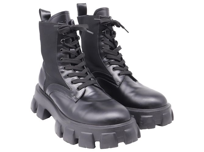 Stivali combat Prada Monolith in pelle nera e nylon Nero - vista 3