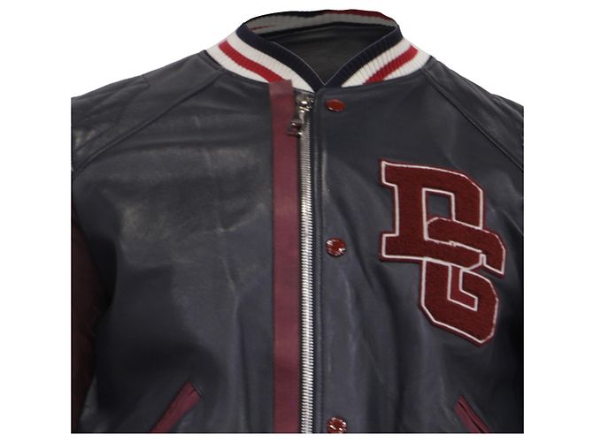 Dolce & Gabbana DG Logo Varsity Bomber Jacket in Multicolor Lamb Leather  Red Dark red - view 2