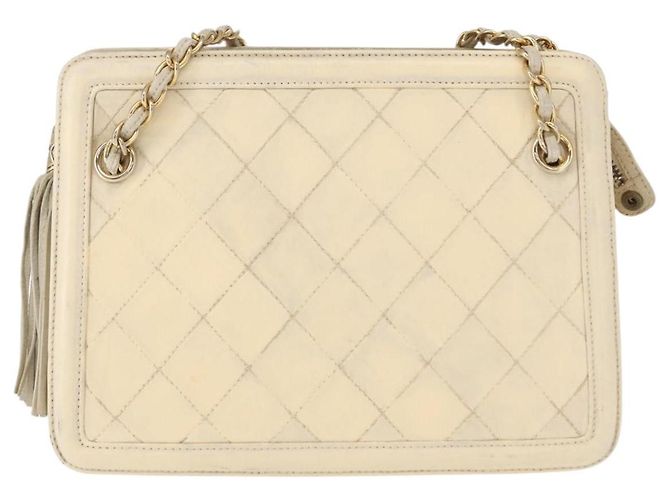 Borsa a tracolla CHANEL Matelassé con catena, in pelle di agnello beige e oro, con logo CC, 152441 - vista 13