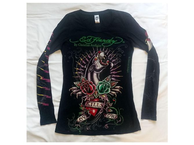 Autre Marque Ed Hardy by Christian Audigier Top Maniche Lunghe Strass Pantera Nero - vista 5