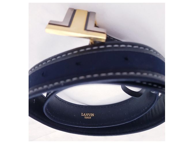 Lanvin Ledergürtel in Dunkelblau mit Double LL Logo Gold hardware - Ansicht 9