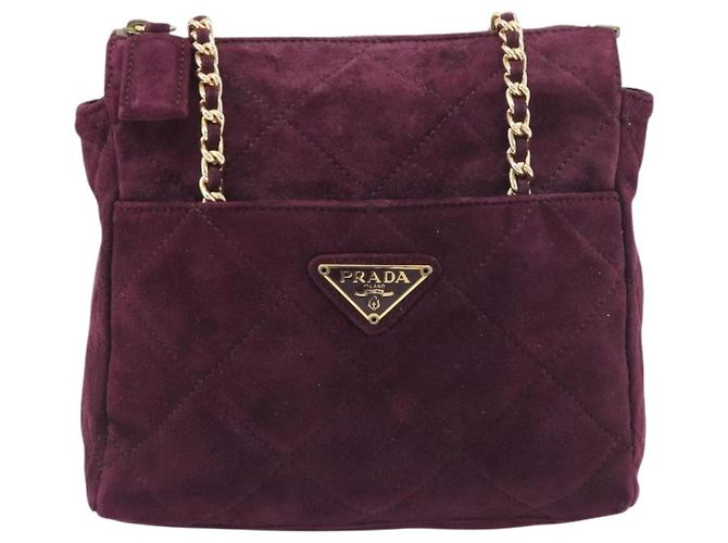 Bolsa de Ombro de Corrente Acolchoada PRADA em Camurça Bordeaux Gold Auth yk20855A Dourado - vista 13